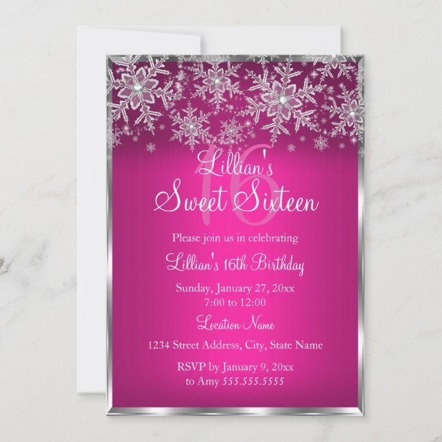 Invitación Hot Pink Silver Snowflake Sweet 16 (Anverso)