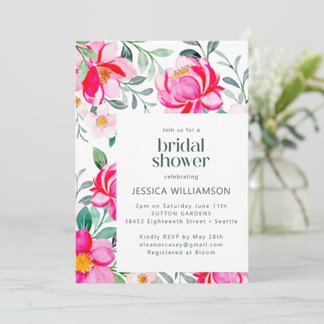Invitación Hot Pink Yellow Watercolor Floral Bridal Shower (Anverso de pie)