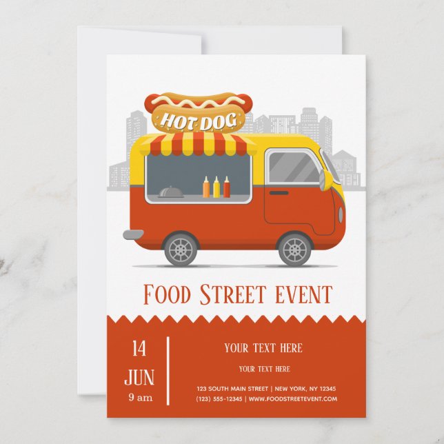 Invitación Hotdog callejero de food truck (Anverso)