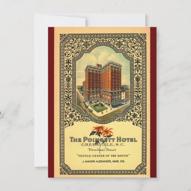 Invitación Hotel Poinsett Greenville SC Vintage (Anverso)
