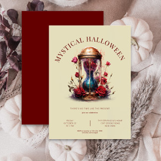 Invitación Hourglass con rosas, Halloween beige y borgoña
