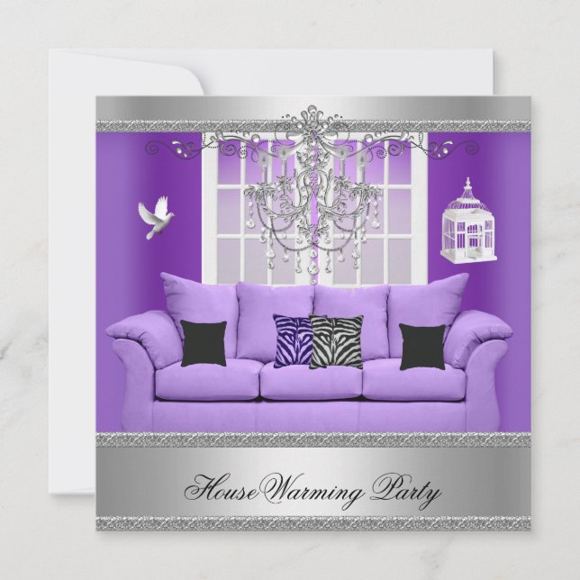 Invitación HouseWarming Fiesta Chandelier Purple Sofa Silver (Anverso)