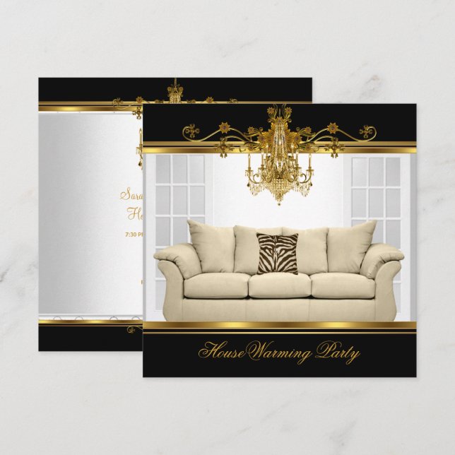 Invitación HouseWarming Fiesta Chandelier Rich Gold Black (Anverso / Reverso)