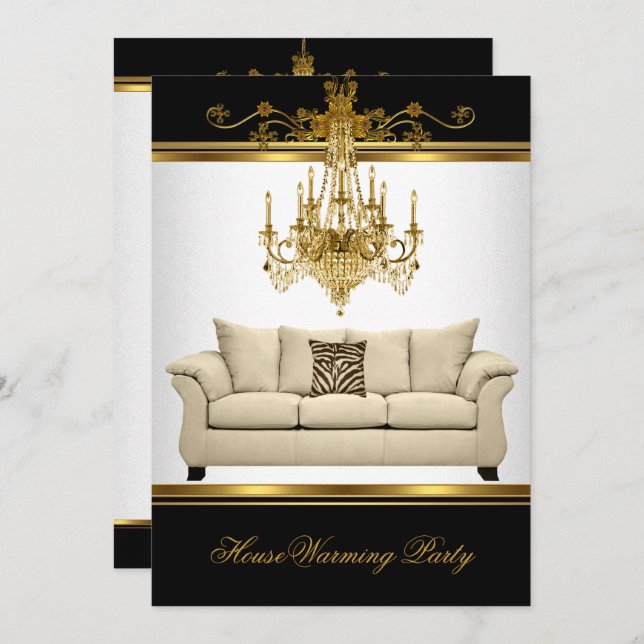 Invitación HouseWarming Fiesta Chandelier Rich Gold Black (Anverso / Reverso)