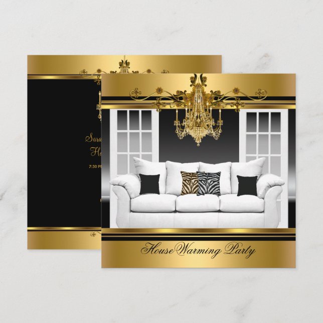 Invitación HouseWarming Fiesta Chandelier Rich Gold Black (Anverso / Reverso)