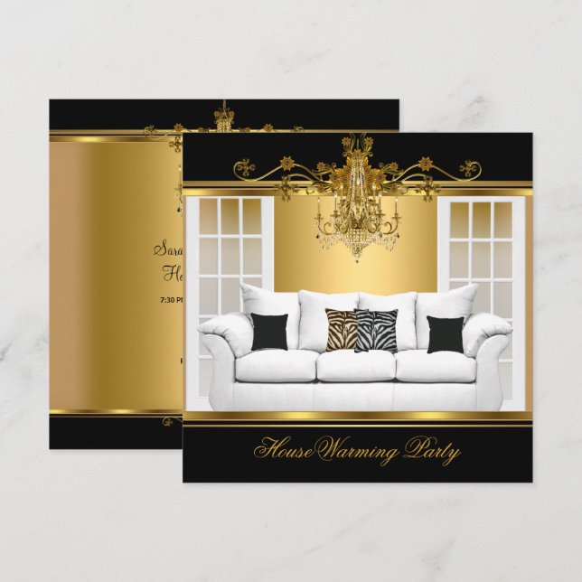 Invitación HouseWarming Fiesta Chandelier Rich Gold Black (Anverso / Reverso)