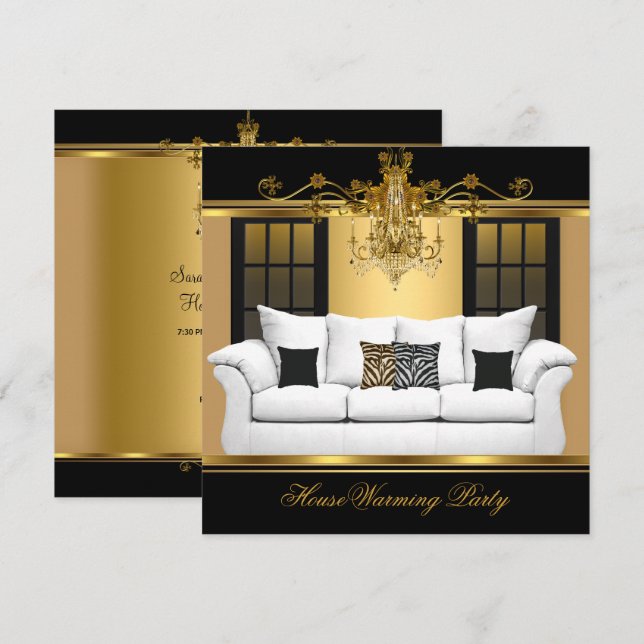 Invitación HouseWarming Fiesta Chandelier Rich Gold Black (Anverso / Reverso)
