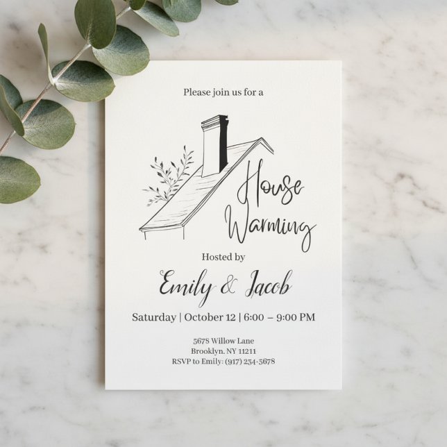Invitación Housewarming Invitation • New Home Party Invite (Minimal housewarming invitation with rooftop illustration on marble background and greenery)