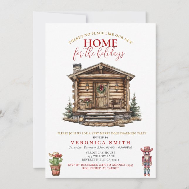 Invitación Housewarming Party Cozy Cabin Rustic Winter (Anverso)