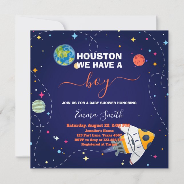 Invitación Houston Espacio Exterior Tenemos Una Ducha De Bebé (Anverso)