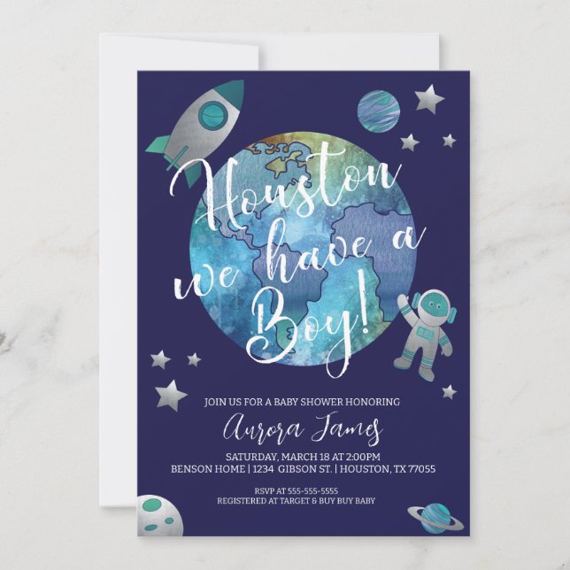 Invitación Houston tenemos a un chico invitando a Baby Shower (Anverso)