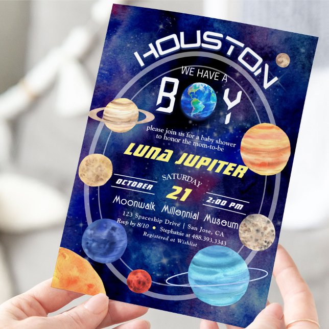 Invitación Houston tenemos a un niño planetas espaciales Baby (space baby shower)