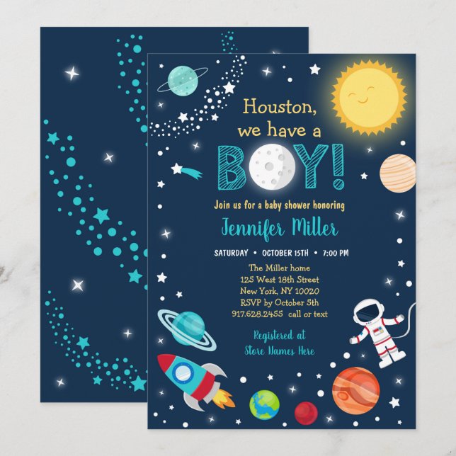 Invitación Houston Tenemos Un Baby Shower De Boy Space (Anverso / Reverso)