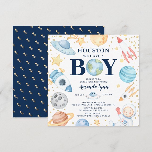 Invitación Houston Tenemos Una Baby Shower De Boy Space (Anverso / Reverso)