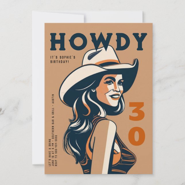 Invitación Howdy 30 Western Desert Retro Poster 30 cumpleaños (Anverso)