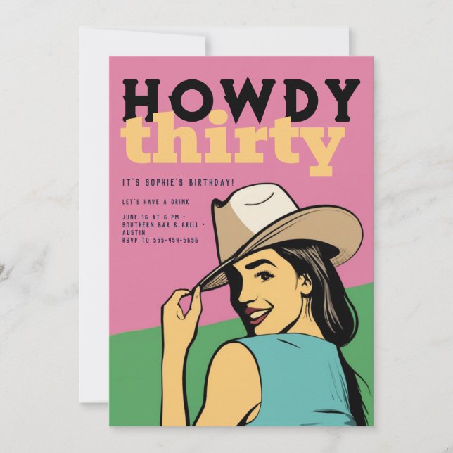 Invitación Howdy 30 Western Retro Pink Green 30 cumpleaños (Anverso)
