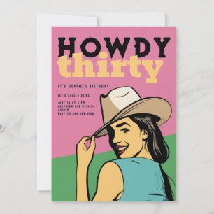 Invitación Howdy 30 Western Retro Pink Green 30 cumpleaños