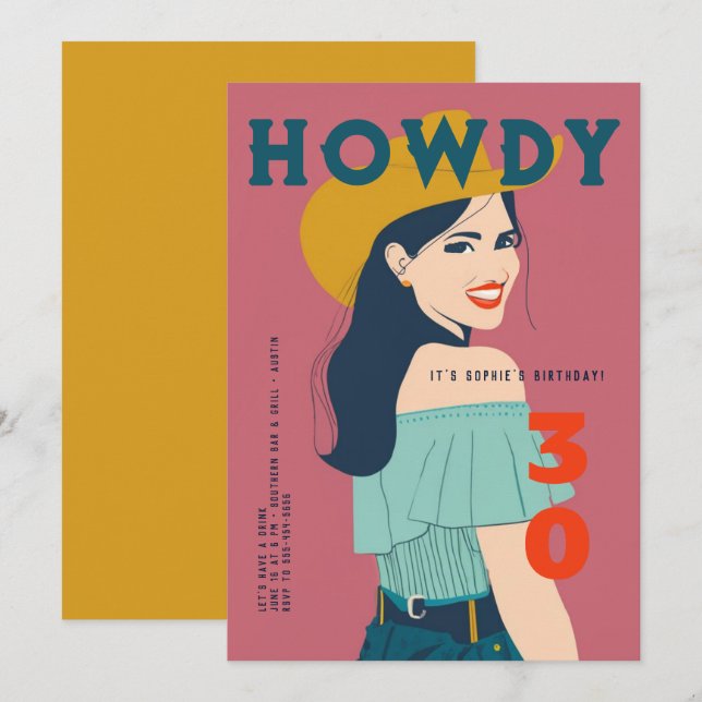 Invitación Howdy 30 Western Retro Pink Verde azulado 30 cumpl (Anverso / Reverso)