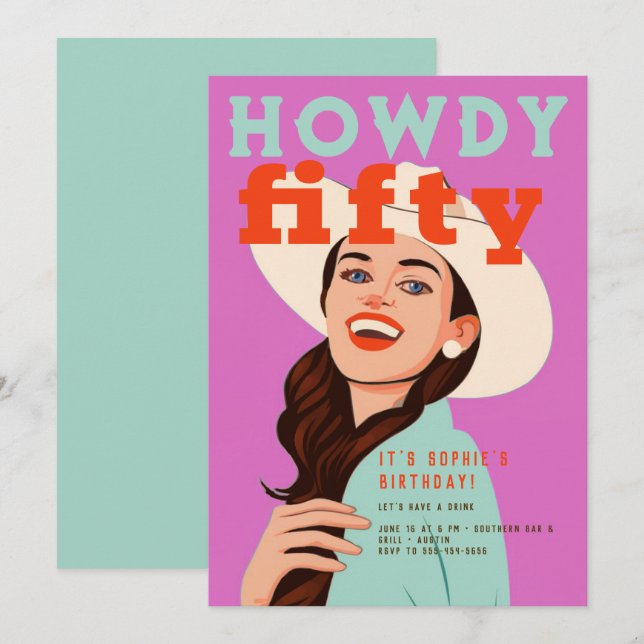 Invitación Howdy 50 Western Retro Brown Pink 50 cumpleaños (Anverso / Reverso)
