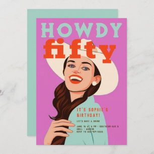 Invitación Howdy 50 Western Retro Brown Pink 50 cumpleaños