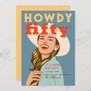 Invitación Howdy Cincuenta Moda Retro Occidental Azul 50 cump