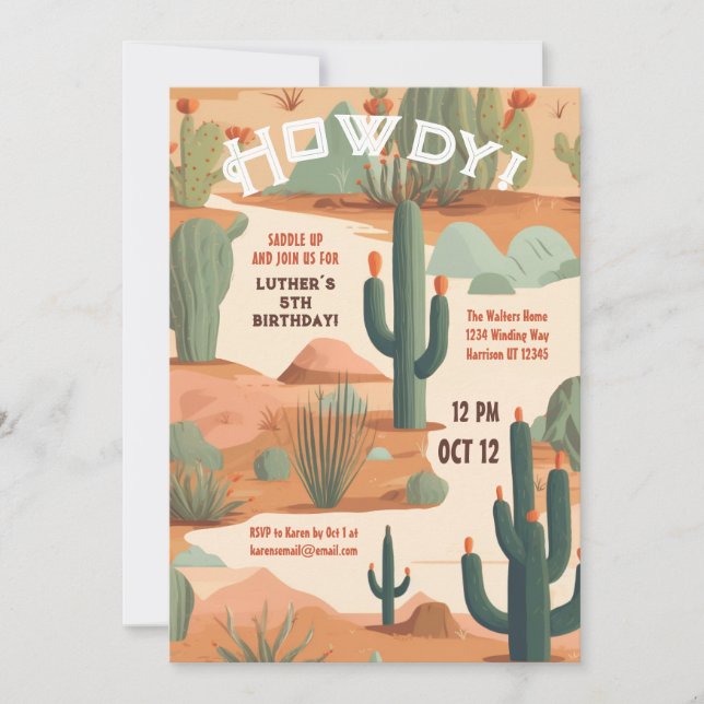 Invitación Howdy Southwestern Saddle Up Boys Cumpleaños (Anverso)