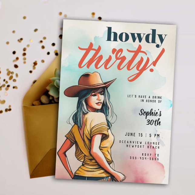 Invitación Howdy Treinta País Moda Occidental 30 Aniversario (30 birthday invitation for women howdy thirty country western rustic theme elegant fun chic)