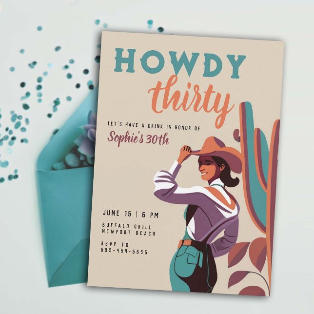 Invitación Howdy Treinta País Retro 30 Cumpleaños Occidental (30 birthday invitation for women retro country western desert cactus southwestern howdy thirty)