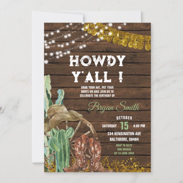 Invitación Howdy Y'All Southwestern Cactus Boots Cumpleaños (Anverso)