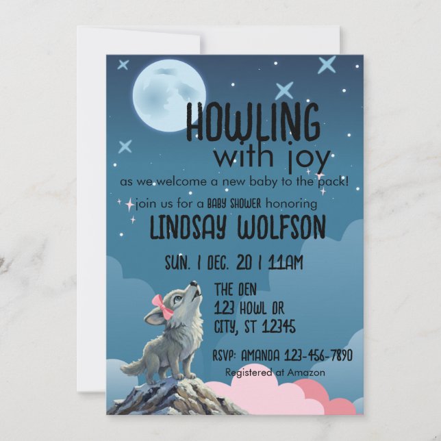 Invitación Howling with Joy, Wolf Pink Baby Shower (Anverso)