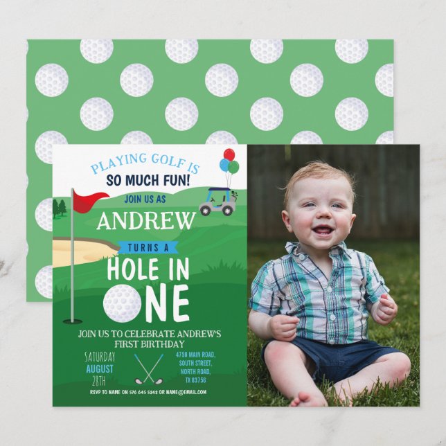Invitación Hoyo de golf en una foto de primer cumpleaños (Anverso / Reverso)