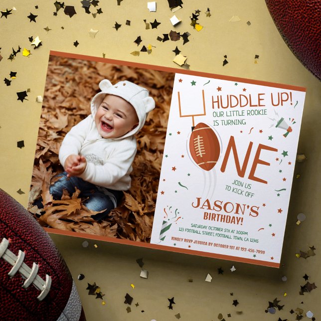 Invitación Huddle Up Football Brown Foto Primer Cumpleaños (Subido por el creador)