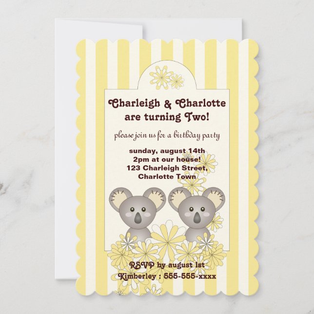 Invitación Huelga Amarilla Cute Bebé Koala Niños gemelos Cump (Anverso)