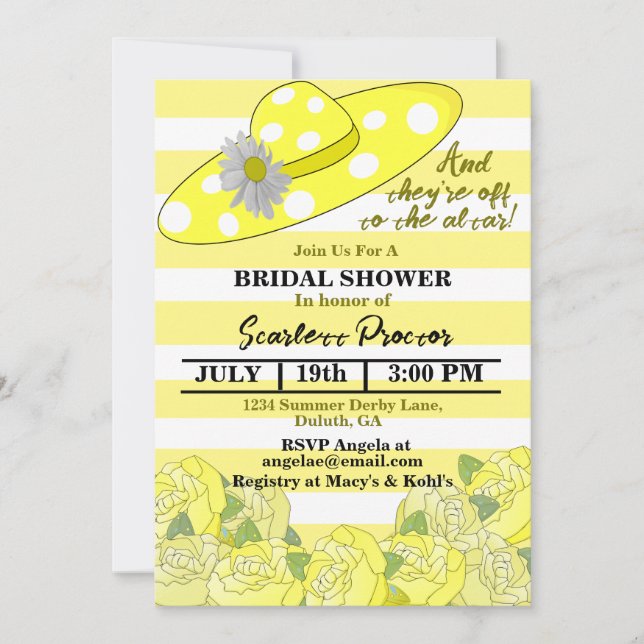 Invitación Huelga amarilla y blanca Kentucky Derby Bridal Sho (Anverso)