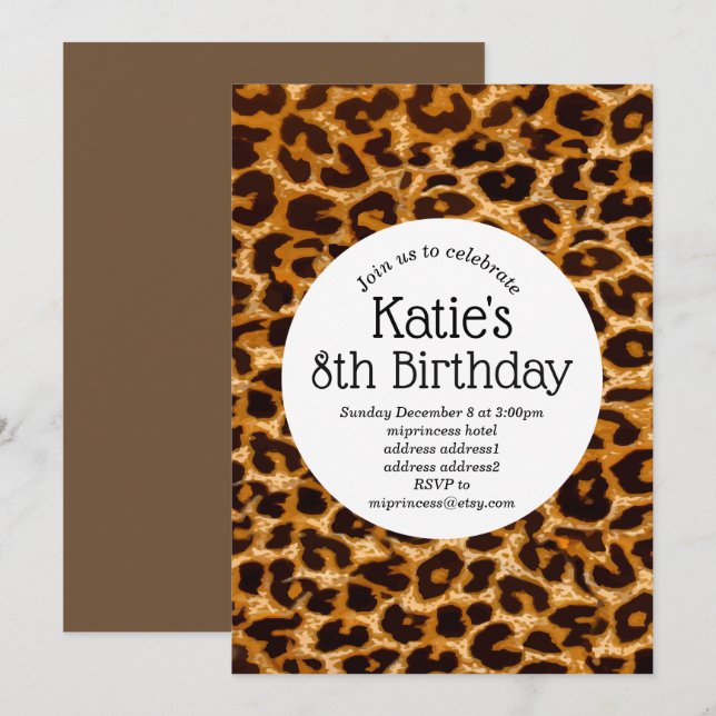 Invitación huella animal marrón, cumpleaños Leopard ,cheetah (Anverso / Reverso)