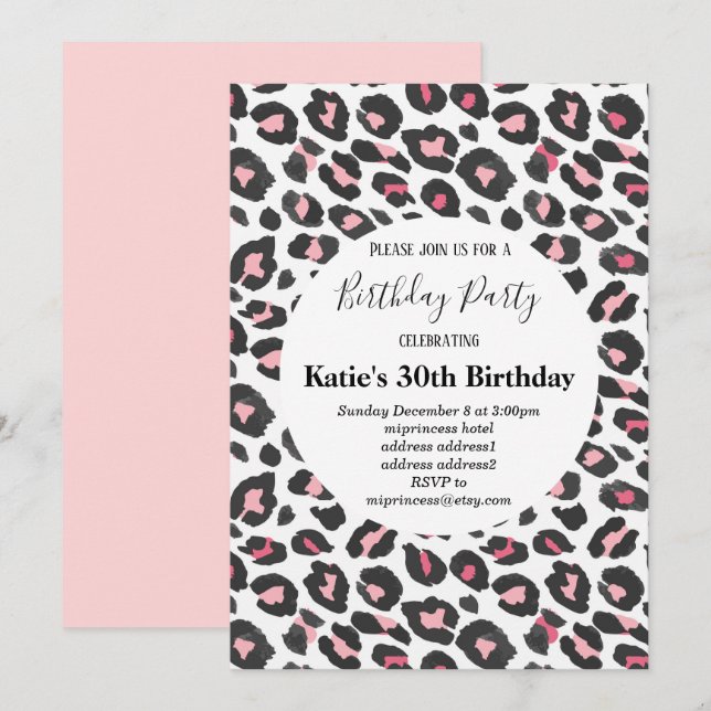 Invitación huella animal rosa, cumpleaños de Leopard ,cheetah (Anverso / Reverso)