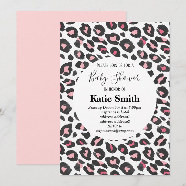 Invitación huella animal rosa, Leopard, ducha de bebé chita (Anverso / Reverso)