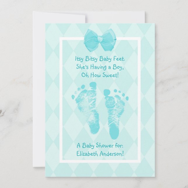 Invitación Huella azul de cinta corta para bebé Baby Shower (Anverso)