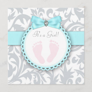 Invitación Huella azul y gris Verde azulada, niña ducha