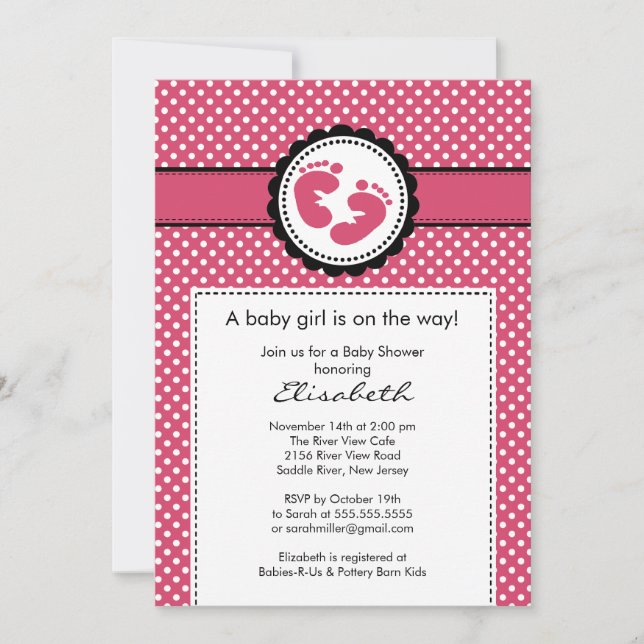 Invitación Huella Baby Shower invita a puntos rosados de polk (Anverso)