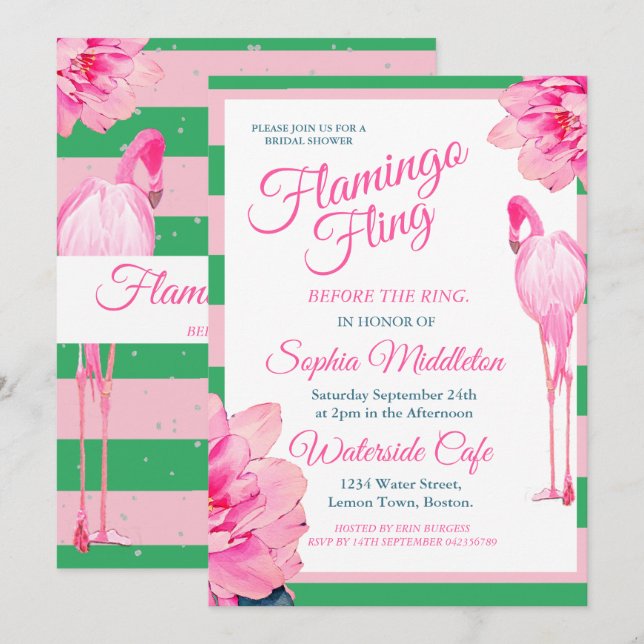 Invitación Huella de ducha de novias Flamingo floral verde (Anverso / Reverso)