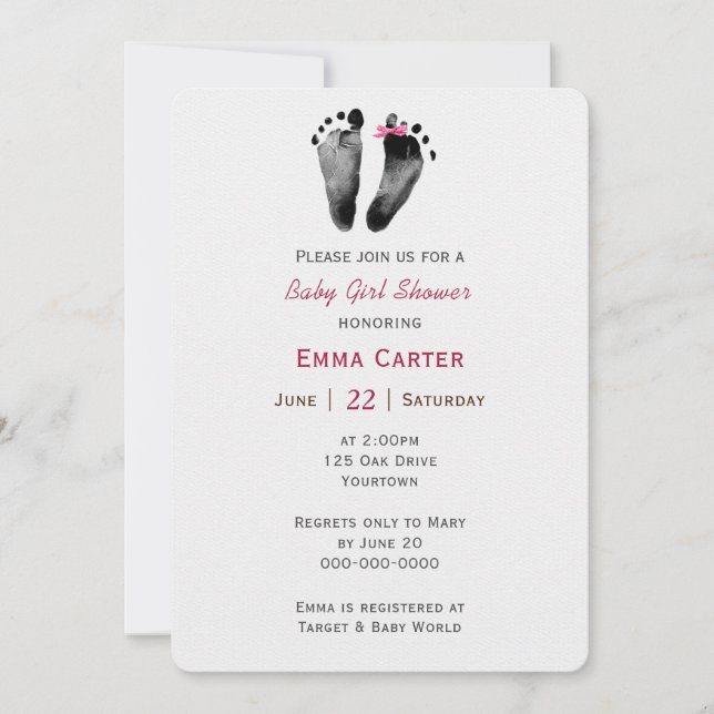 Invitación Huella De Ducha Para Niña Bebé (Anverso)