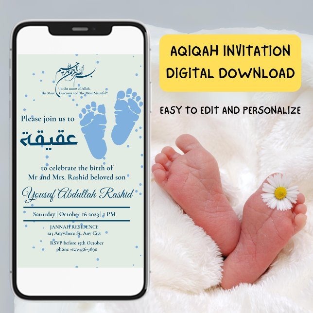 Invitación Huella del recién nacido bebé musulmán Aqiqah Aqee (Footprint Newborn Baby Boy Muslim Aqiqah Aqeeqa Invitation)