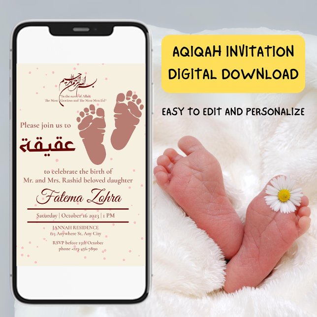 Invitación Huella del recién nacido Chica musulmán Aqiqah Aqe (Footprint NewbornBaby Girl Muslim Aqiqah Aqeeqa Invitation)