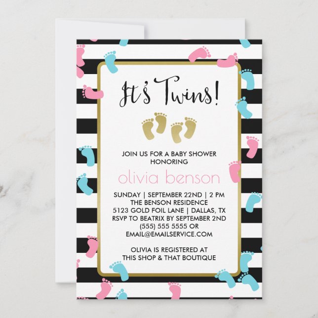 Invitación Huella dorada rosa y azul Twins Baby Shower (Anverso)