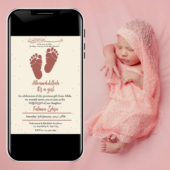 Invitación Huella Niña Rosa Musulmana Aqiqah Aqeeqa (Subido por el creador)