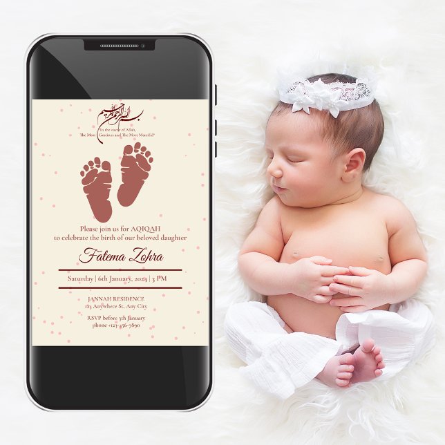 Invitación Huella Niña Rosa Musulmana Aqiqah Aqeeqa (Footprint Pink Baby Girl Muslim Aqiqah Aqeeqa Invitation)