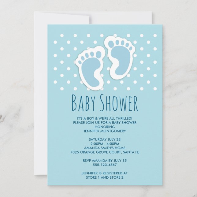 Invitación Huellas de Baby Shower de niño pequeño azul (Anverso)