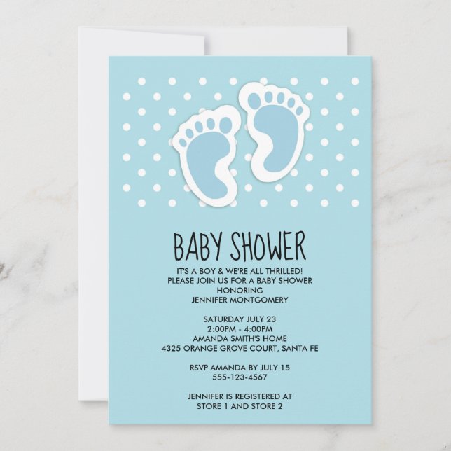 Invitación Huellas de Baby Shower de niño pequeño azul (Anverso)