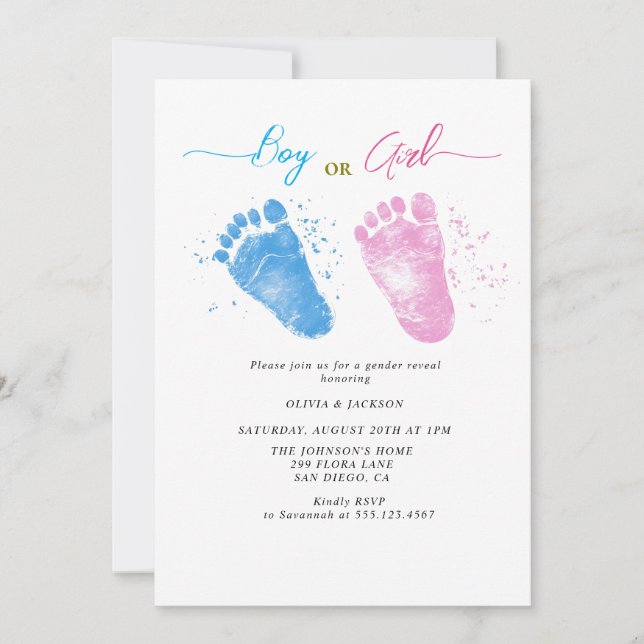 Invitación Huellas de niño o Chica Género Revelar Fiesta (Anverso)